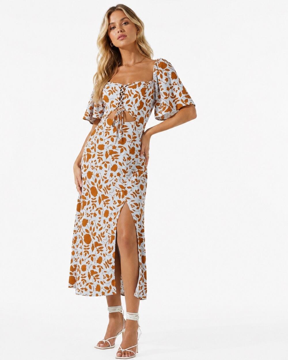 ASTR The Label Lace Up Blue Brown Floral Cutout Flutter Sleeve Midi Dress Small